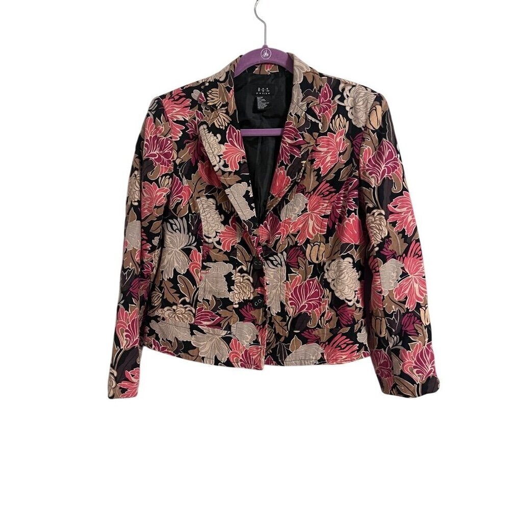 Linen Floral Jacket 6P Black Boho Western Old‎ Money Classic Chic Preppy Retro